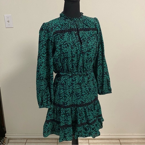 Joie Dress Women’s Size Small Green Black Salama Leaf Printed Puff-Sleeve Dress - Picture 4 of 17